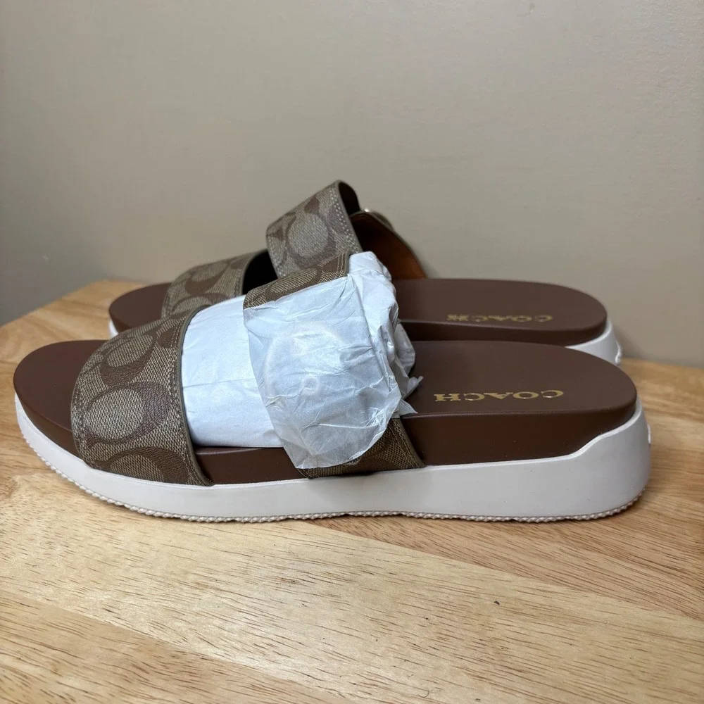 Coach Gwen Signature Sandal Sz 10 Platform Slides Khaki/ Saddle NWOB - Picture 4 of 8